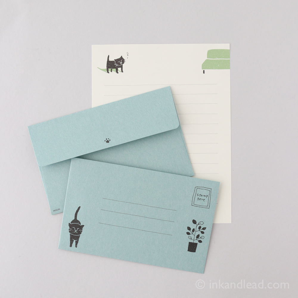 Midori Letter Set Craft Style - Smiling Cat - Blue Envelope