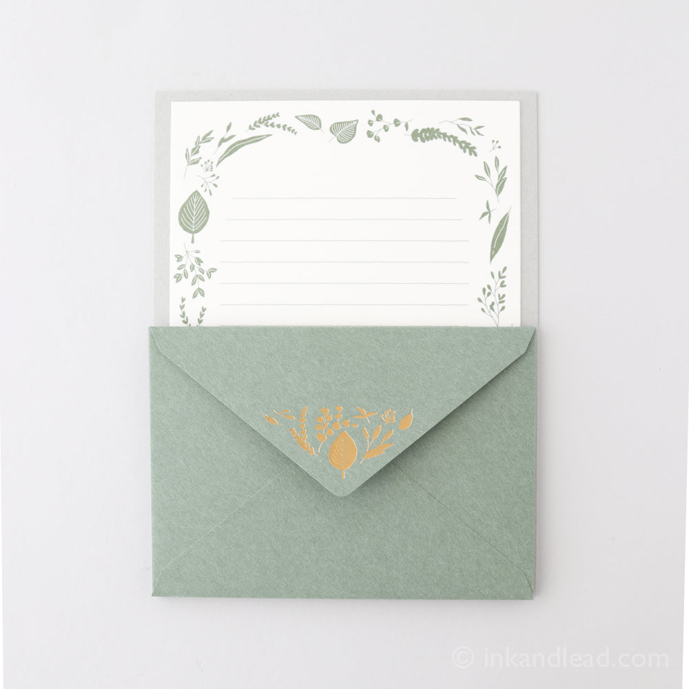Midori Letter Set Foil Stamped Envelope - Leaf Pattern