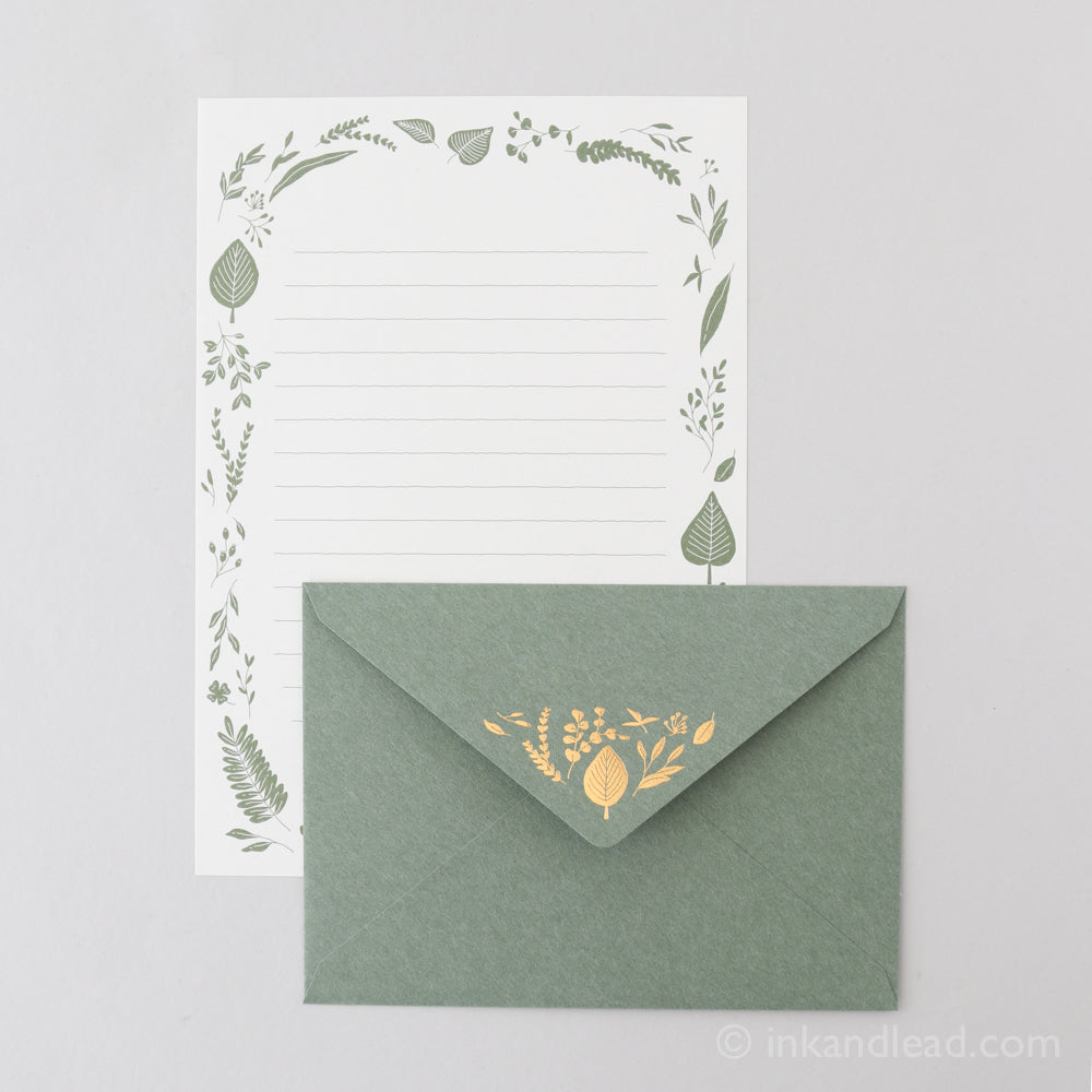 Midori Letter Set Foil Stamped Envelope - Leaf Pattern 