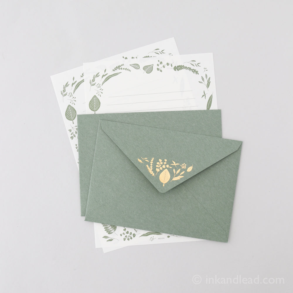 Midori Letter Set Foil Stamped Envelope - Leaf Pattern