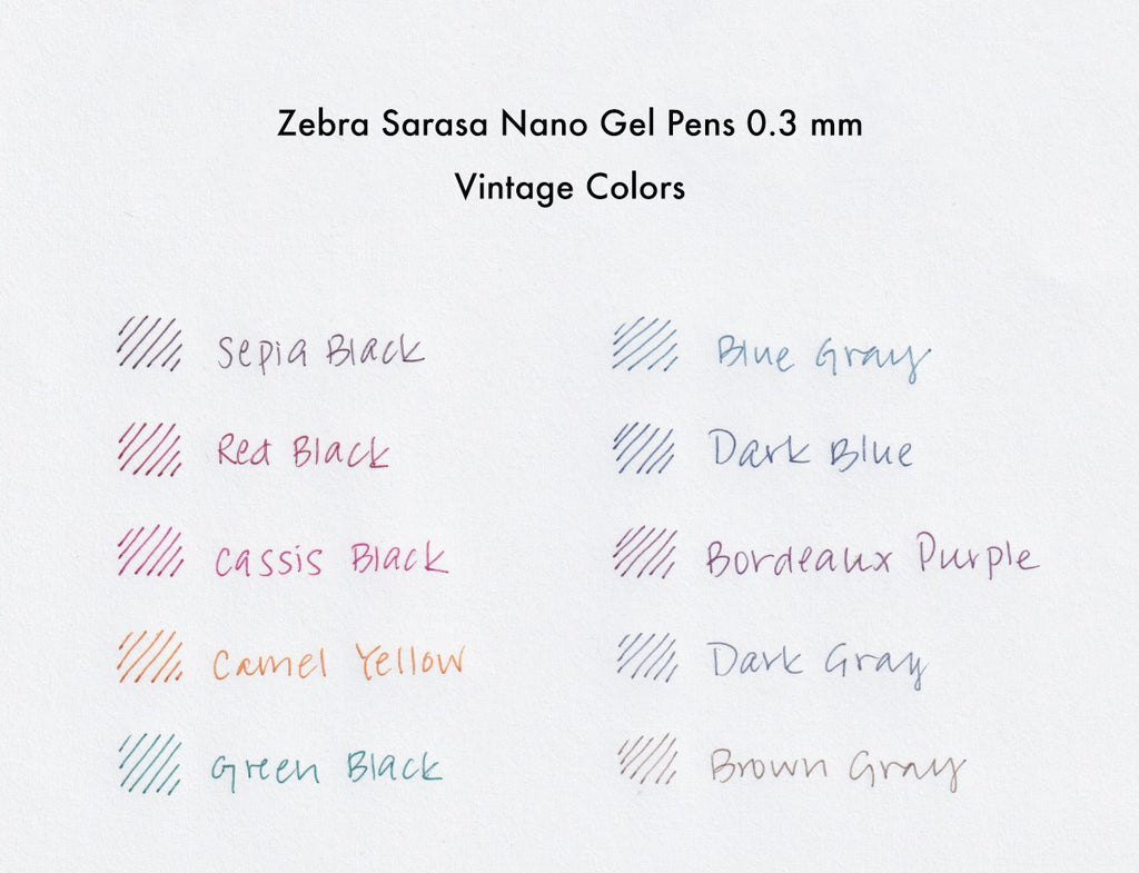 Zebra Sarasa Nano Gel Pens Vintage, 0.3 mm - Color Chart