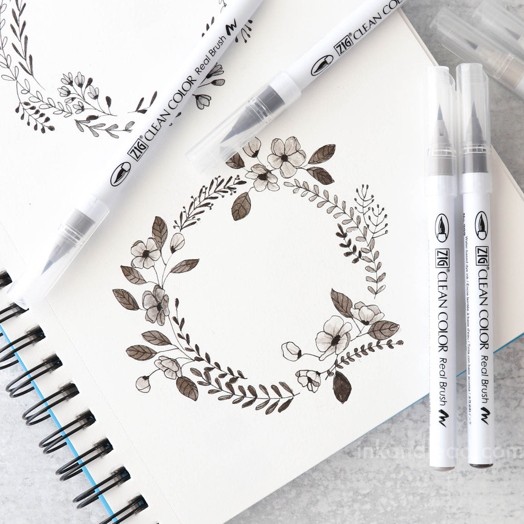 Floral Wreath Illustration | ZIG Clean Color Warm Gray Brush Pens
