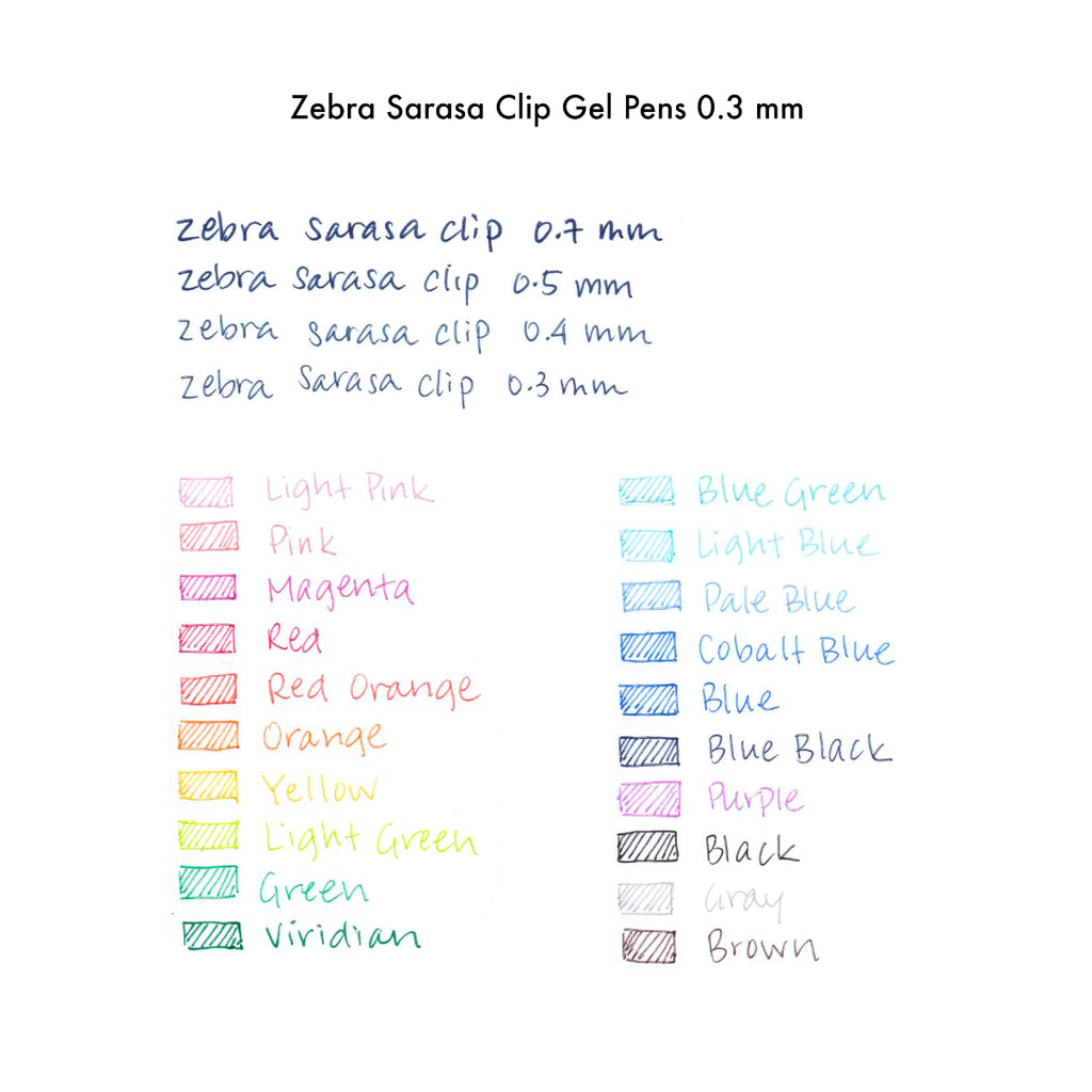 Zebra Sarasa Clip Gel Pen 0.3 mm - Color Chart