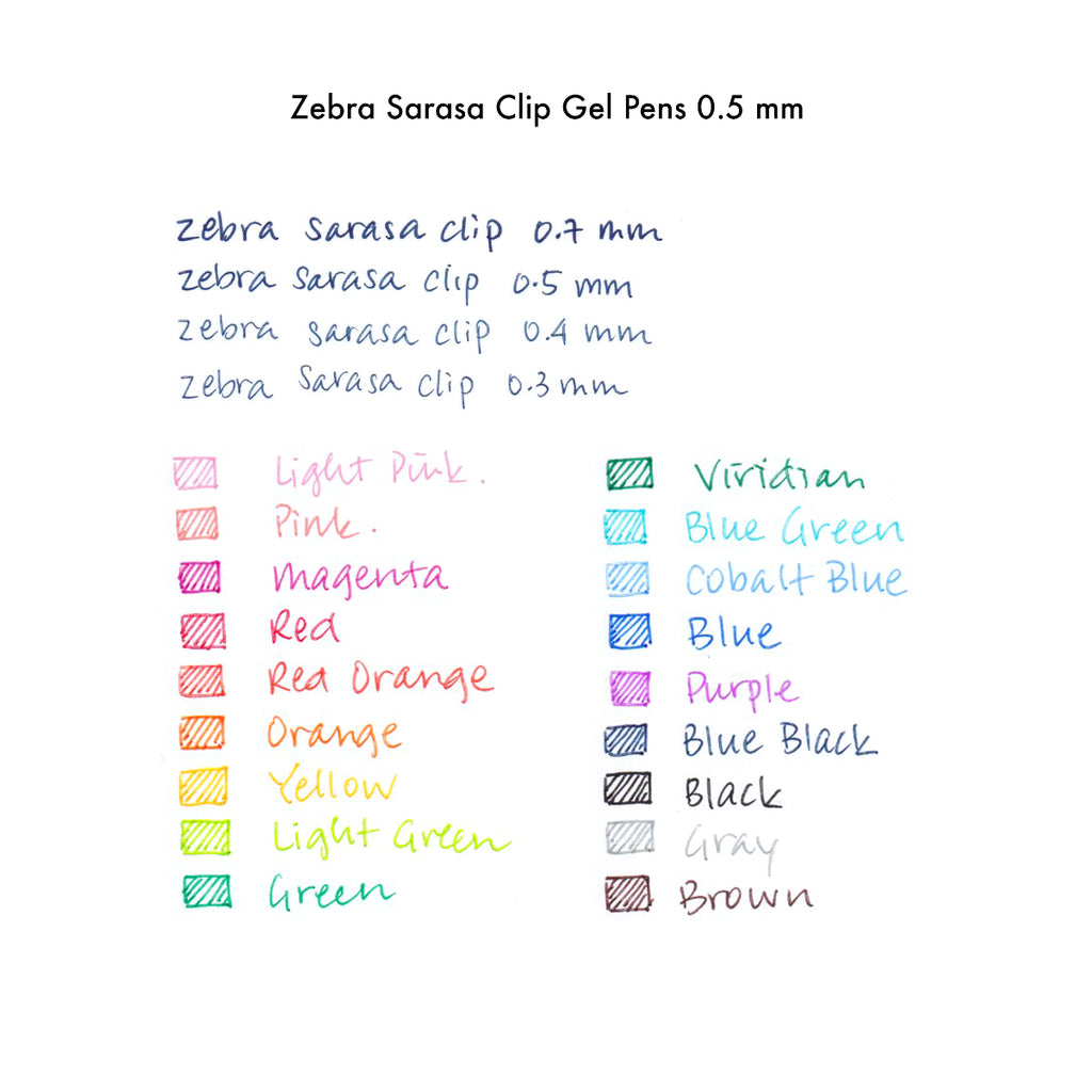 Zebra Sarasa Clip Gel Pen 0.5 mm - Color Chart