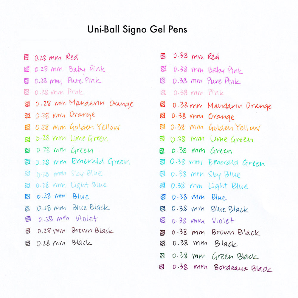 Uni-Ball Signo Gel Pens Color Chart